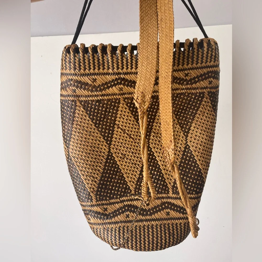 Rattan AJAT BASKET Wicker Backpack Sling Bag Argyle Pattern Woven